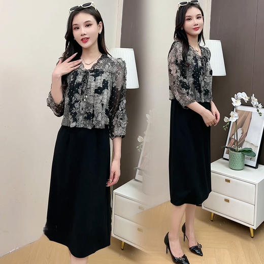 QYM 5A25203-Y时尚假两件短袖连衣裙过膝长裙 商品图2