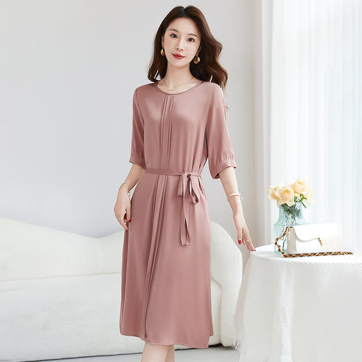 纯色短袖真丝连衣裙，优雅通勤桑蚕丝连衣裙SM-82498058 商品图0