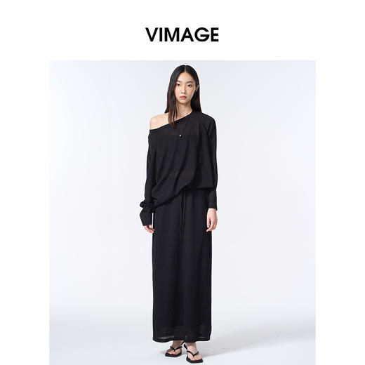 VIMAGE纬漫纪一字领黑色罩衫慵懒风T恤V2402101 商品图0