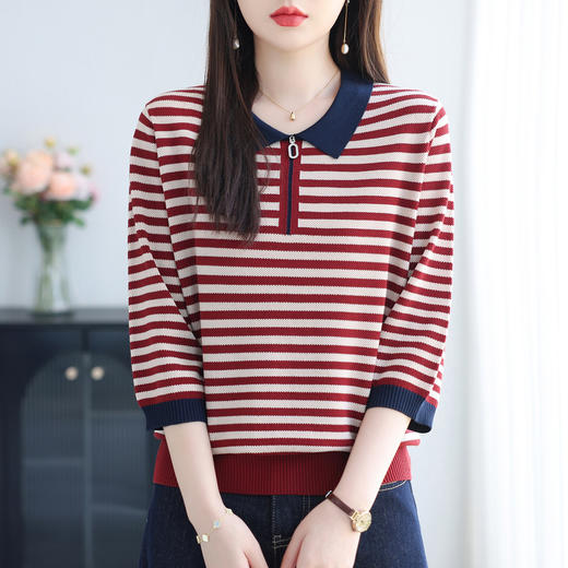 七分袖条纹针织衫毛衣，拉链半开polo领宽松大码洋气上衣CC-10-6398 商品图2