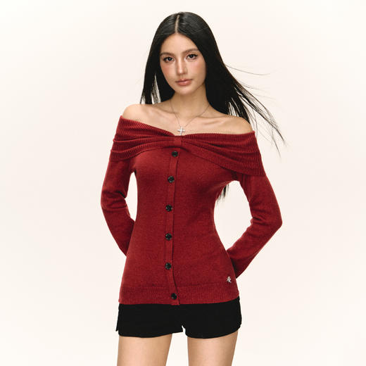 Ariseism 美式复古红色大翻领一字肩毛衣女秋季新款修身露肩上衣 商品图3