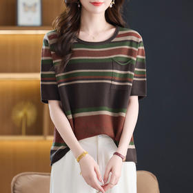 中袖T恤条纹半袖小衫，时尚洋气妈妈圆领针织衫上衣CC-5-6520