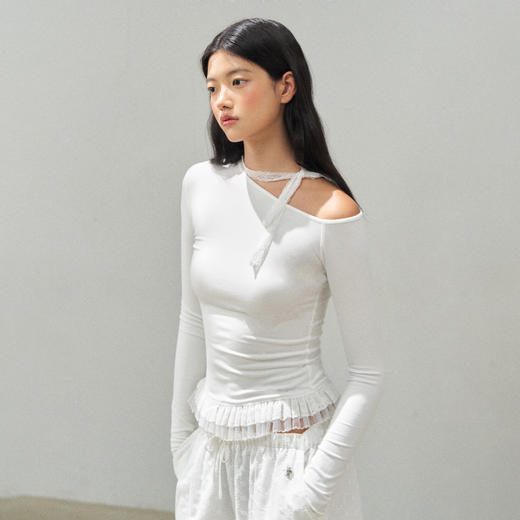 Ariseism 美式复古白色斜肩蕾丝长袖t恤女秋季新款修身上衣 商品图1
