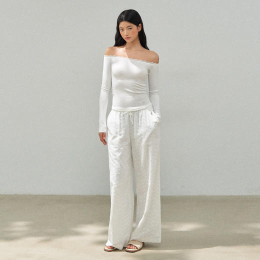 Ariseism 美式复古3色一字肩蕾丝边长袖t恤女秋季新款修身上衣 商品图4