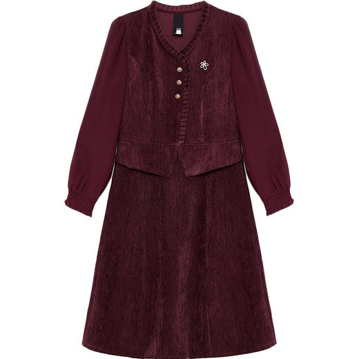 QYM 54A2507-Y长袖连衣裙时尚木耳边拼结马甲裙假两件中长款高腰裙 商品图4