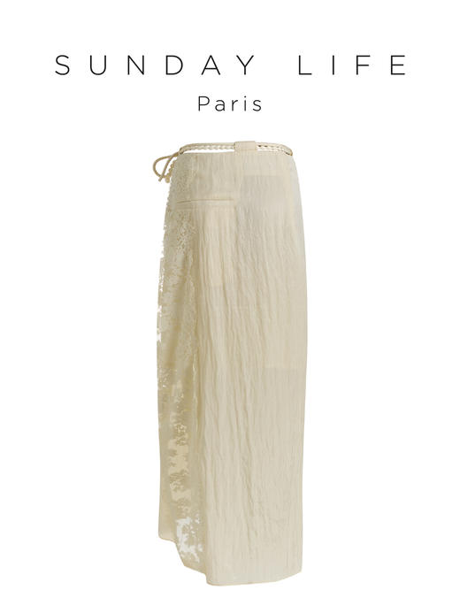 蕾丝拼接乳光白褶皱肌理半裙 商品图6