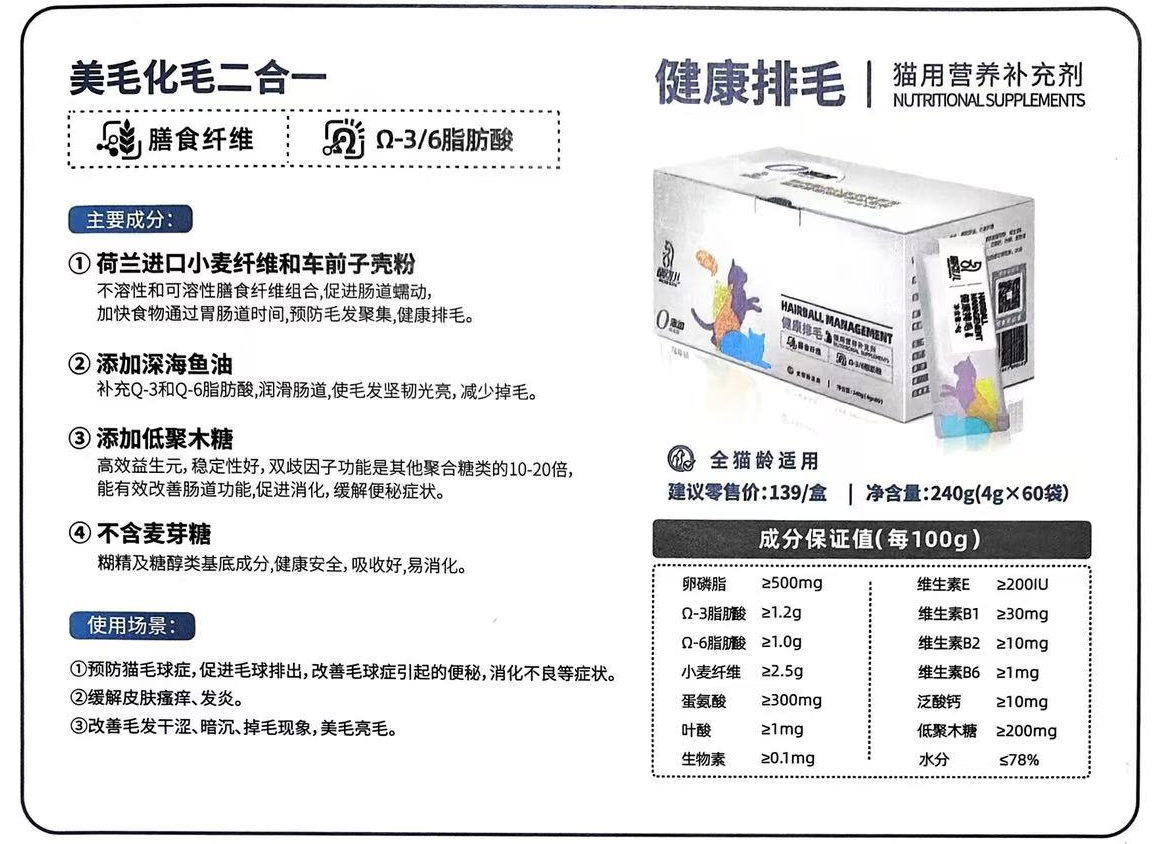 喵可喵科健康排毛2027年5月13号到期。10盒/箱。原料组成:鸡肉、鱼油、葵花籽油、小麦纤维。添加剂组成:卵磷脂、蛋氨酸、低聚木糖、迷迭香提取物、维生素E.维生素B1.维生素B2.维生素B6.冷酸钙