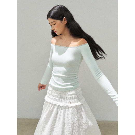 Ariseism 美式复古3色一字肩蕾丝边长袖t恤女秋季新款修身上衣 商品图0