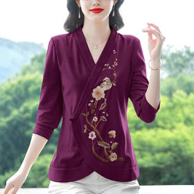 新中式重工刺绣长袖T恤女2025新款民族风女装上衣大码时尚打底衫