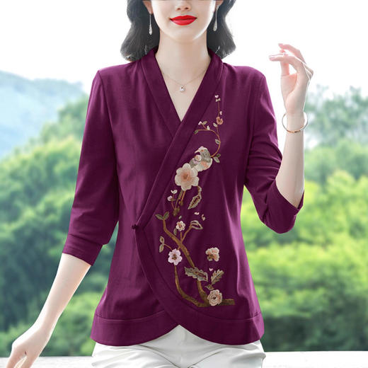 新中式重工刺绣长袖T恤女2025新款民族风女装上衣大码时尚打底衫 商品图0