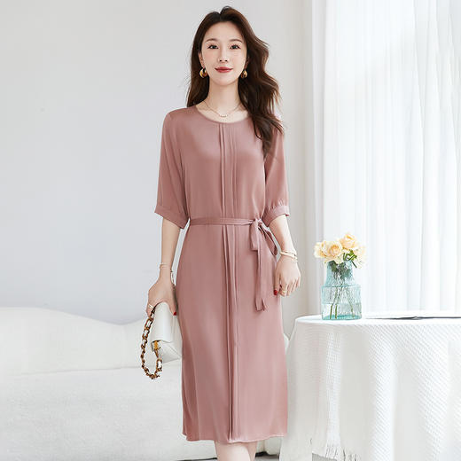 纯色短袖真丝连衣裙，优雅通勤桑蚕丝连衣裙SM-82498058 商品图3