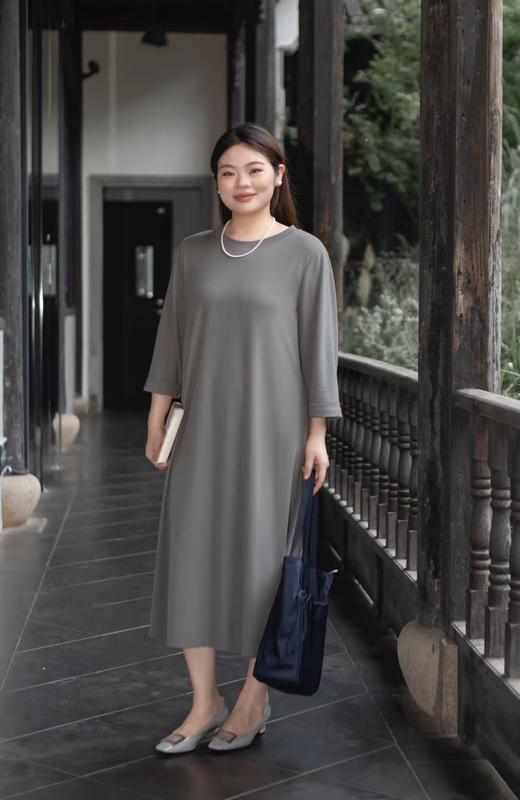 现货👍套头t恤连衣裙【直筒A字连衣裙】天丝罗马布，垂顺亲肤！适合通勤、休闲场合，夏秋过渡连衣裙~ 通勤休闲两穿 | 遮肉八分袖 | 夏秋百搭，天丝罗马布面料，亲肤、透气、柔软、弹力大，面料非常垂顺！ 商品图0