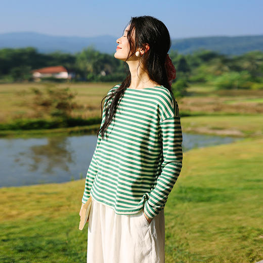绽放旅行女装126朵/棉针织条纹一字领长袖内搭打底衫T恤女秋新款 商品图2