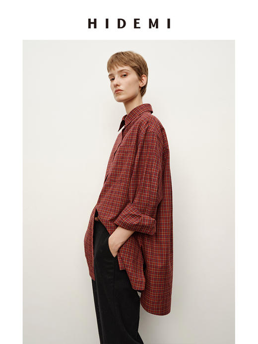 HIDEMI 进口自然棉色织格纹极简廓形经典款宽松知识分子衬衫 商品图4