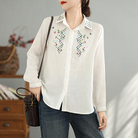 AHM wyss6982碎花刺绣勾花双层纱衬衫时尚翻领宽松上衣