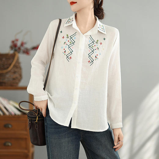 AHM wyss6982碎花刺绣勾花双层纱衬衫时尚翻领宽松上衣 商品图0