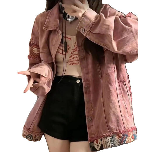 【水洗拼接牛仔外套】春秋季新款 美式脏粉色休闲夹克上衣外套 商品图4