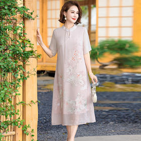 C2953时尚洋气彩绘妈妈夏装新中式国风连衣裙雪纺遮肚显瘦中老年女装潮