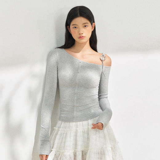 Ariseism 美式复古斜肩长袖单肩吊带长袖t恤女秋季新款修身上衣 商品图2