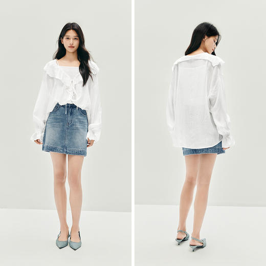 森马长袖衬衫女短吊带荷叶边宽松肌理衬衣2025秋季新款白色两件套 商品图4