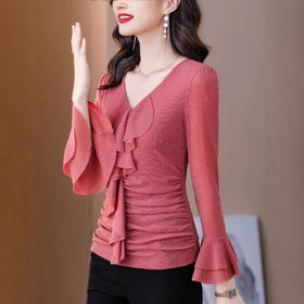 亮闪闪网纱t恤女士秋装上衣时髦V领内搭打底衫妈妈舞蹈服漂亮小衫