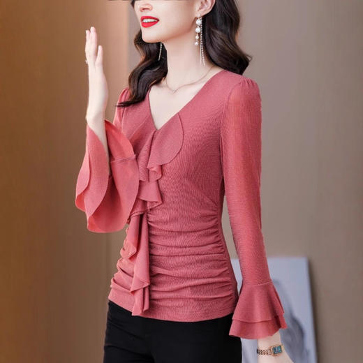 亮闪闪网纱t恤女士秋装上衣时髦V领内搭打底衫妈妈舞蹈服漂亮小衫 商品图0