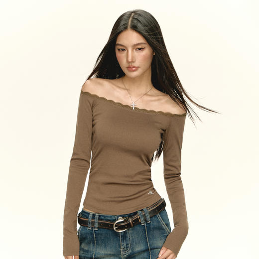 Ariseism 美式复古3色一字肩蕾丝边长袖t恤女秋季新款修身上衣 商品图2