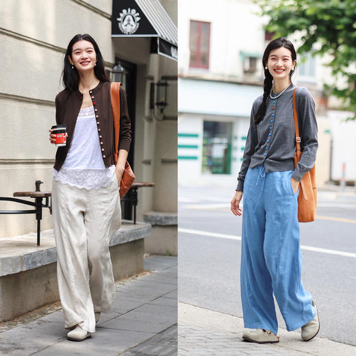 绽放旅行女装510朵/斜纹亚麻半腰松紧抽绳宽松直筒长裤百搭休闲裤 商品图3