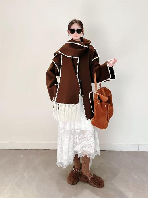 【高端系列】（赠送围巾）手工定制888贝壳绣80%高支澳洲羊毛中长双面尼大衣外套-喜出 商品图2