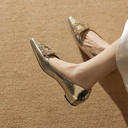 【预售5天】法式方头水钻方扣浅口低粗跟单鞋女士秋季新款小皮鞋OL工作鞋ZF&25171 商品图3