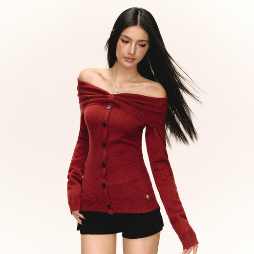 Ariseism 美式复古红色大翻领一字肩毛衣女秋季新款修身露肩上衣 商品图1