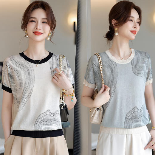 C2879妈妈装设计感印花针织衫短袖2025新款时尚休闲显瘦中老年女装上衣 商品图3