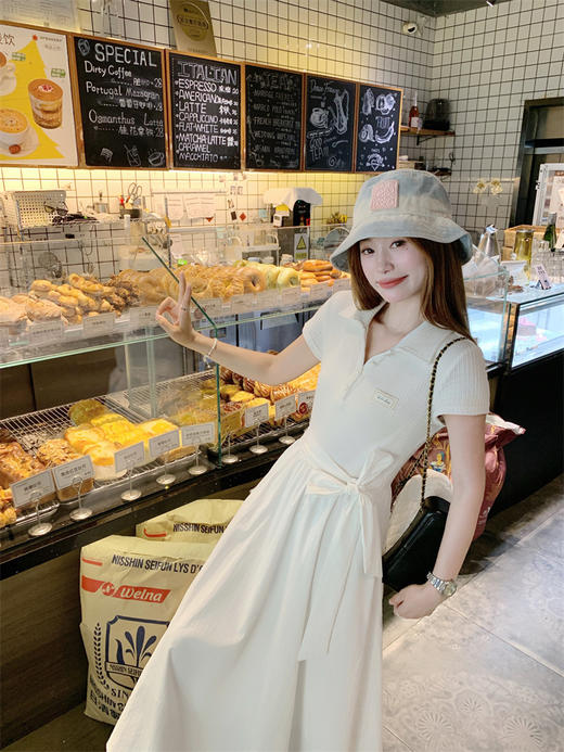 <曾小咸推荐>polo领短袖连衣裙女夏季巨好看显瘦a字收腰连身长裙子 商品图8