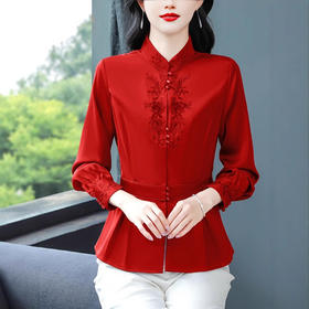 新中式缎面立领长袖衬衫女2025秋季新款高端刺绣衬衣减龄收腰上衣