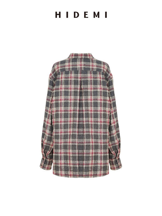 HIDEMI 进口羊毛色织格纹空气感纱线做旧水洗经典宽松知识分子衬衫 商品图8