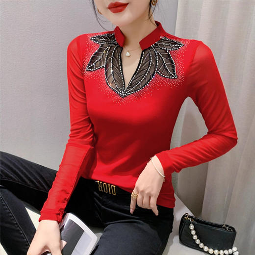 网纱拼接打底衫女秋冬欧货洋气重工烫钻上衣性感V领长袖T恤小衫潮 商品图0