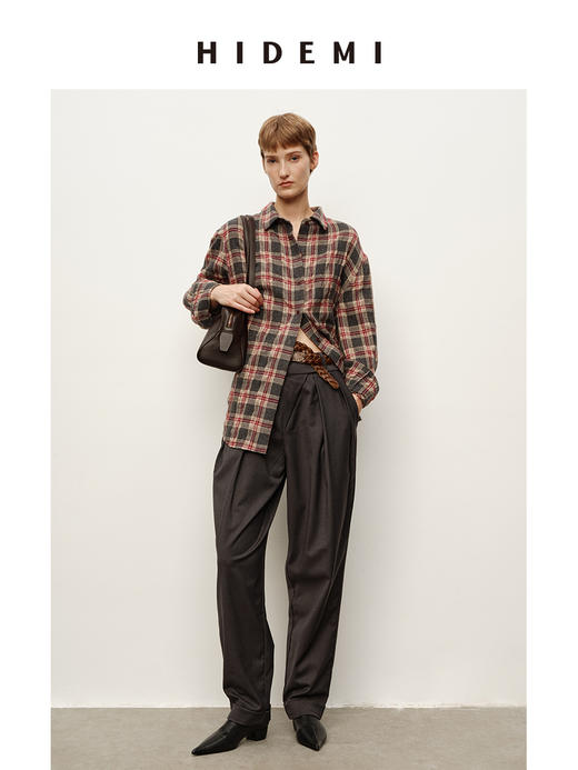 HIDEMI 进口羊毛色织格纹空气感纱线做旧水洗经典宽松知识分子衬衫 商品图4