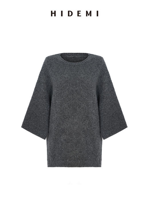 HIDEMI 进口羊驼羊毛极简圆领大廓形七分袖套头宽松毛衣 商品图7