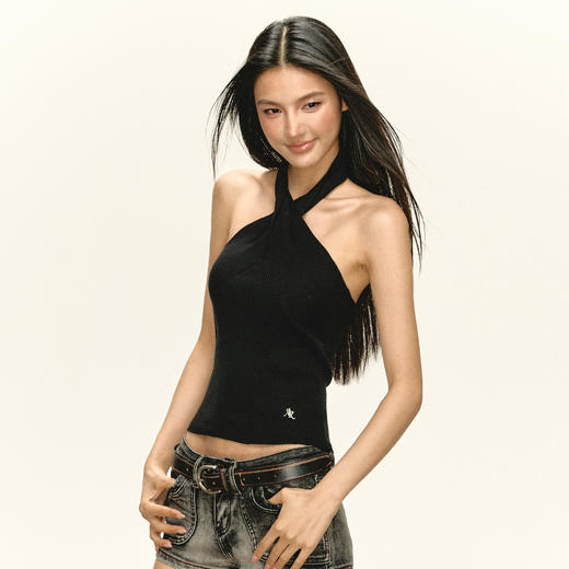 Ariseism 美式复古黑色挂脖纽结吊带上衣女夏季新款 商品图2