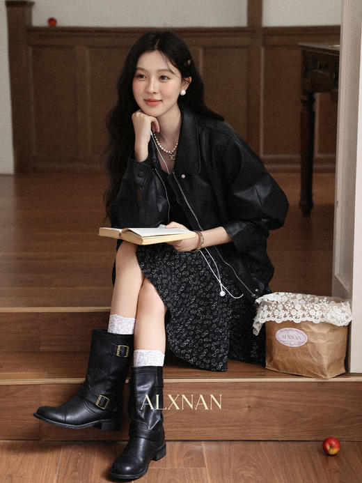 鹿向南「都市主角」高级感复古黑色皮衣外套女秋新款拉链翻领夹克 商品图2