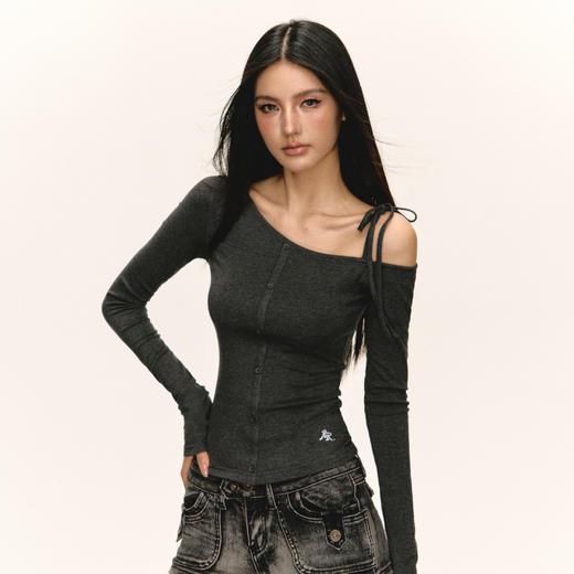 Ariseism 美式复古斜肩长袖单肩吊带长袖t恤女秋季新款修身上衣 商品图3