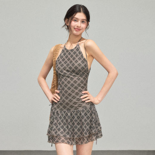 Ariseism 美式复古设计感格纹挂脖连衣裙女夏季新款修身裙子 商品图1