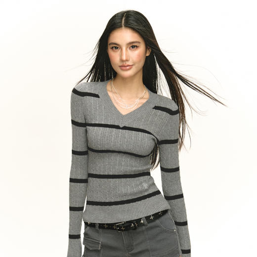 Ariseism 美式复古双色条纹长袖套头毛衣女秋季新款修身上衣 商品图2