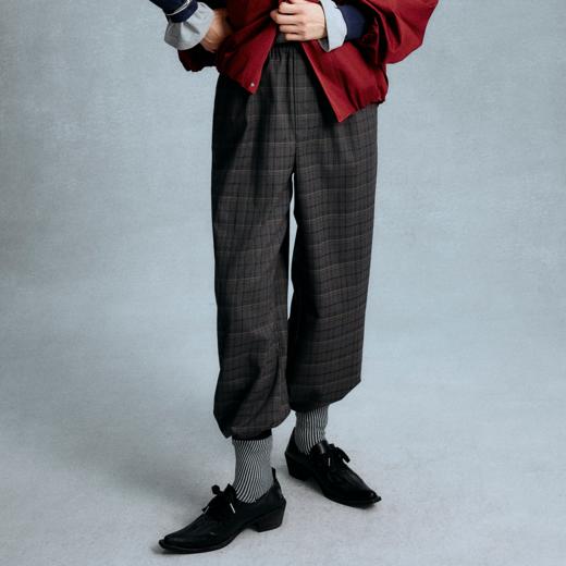 GOODBAI 粗体logo印花格纹收腰抽绳阔腿休闲长裤 商品图0