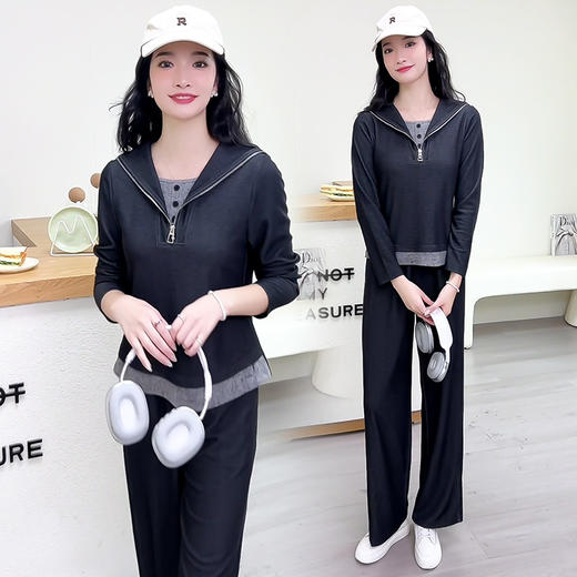 QYM 1C2503-Y运动服两件套连帽长袖小衫上衣+直筒阔腿裤套装 商品图0