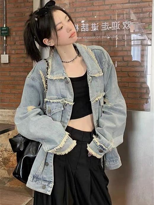 【复古毛边做旧破洞牛仔外套】春秋宽松休闲百搭工装夹克上衣潮ins  商品图2