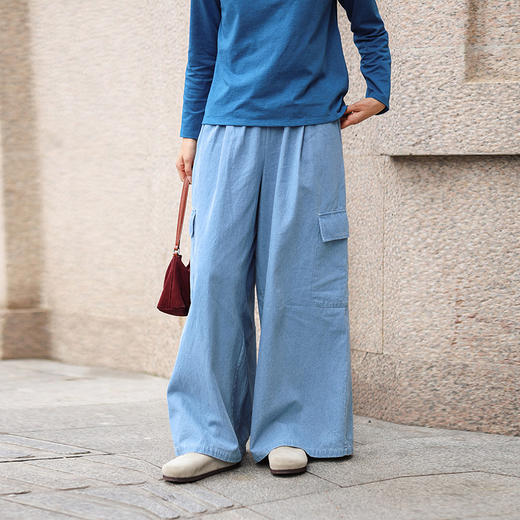 绽放旅行女装504朵/亚麻棉全腰松紧加抽绳口袋百搭阔腿牛仔裤长裤 商品图0