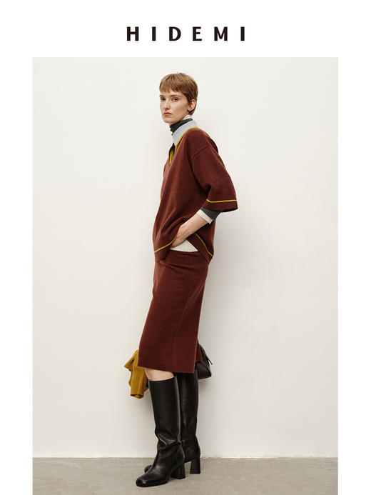 HIDEMI 进口澳洲美利奴羊毛马卡龙拼接撞色polo领中袖中裤针织毛衣套装 polo衫/中裤 商品图3