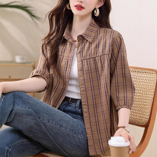 夏装新款女士时尚衬衫中袖上衣女秋夏妈妈装宽松遮肚显瘦棉衬衣潮 商品图1