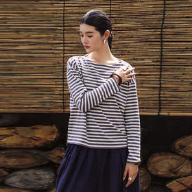 绽放旅行女装126朵/棉针织条纹一字领长袖内搭打底衫T恤女秋新款